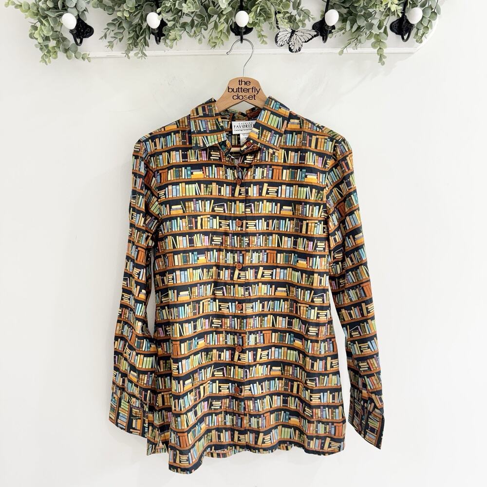 Vintage Deadstock Book Print Wines Button Down Shirt Teacher Small 9-9017